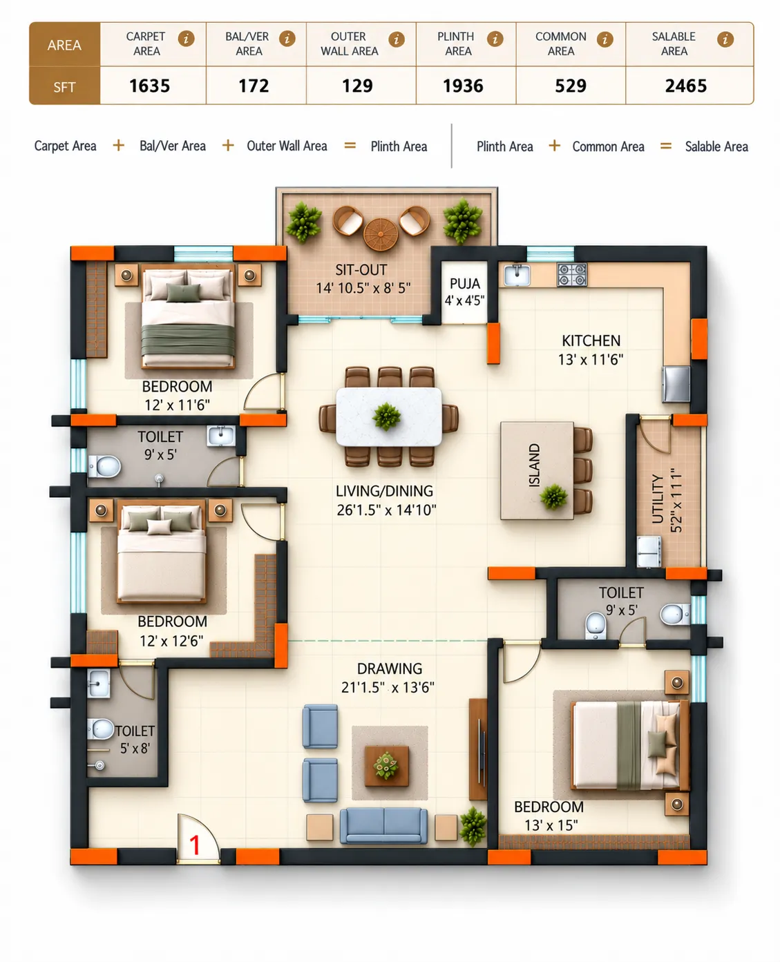 Super Homes Abhirama floor plan 1: West facing, 2,465 sft salable area