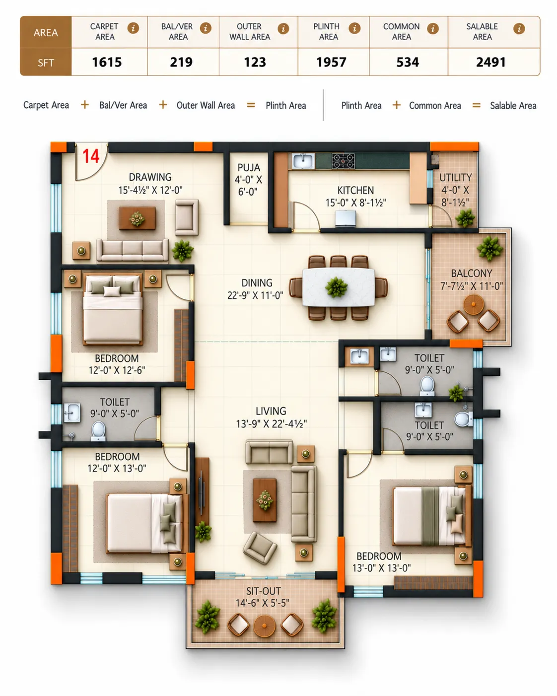 Super Homes Abhirama floor plan 10: East facing, 2,491 sft salable area