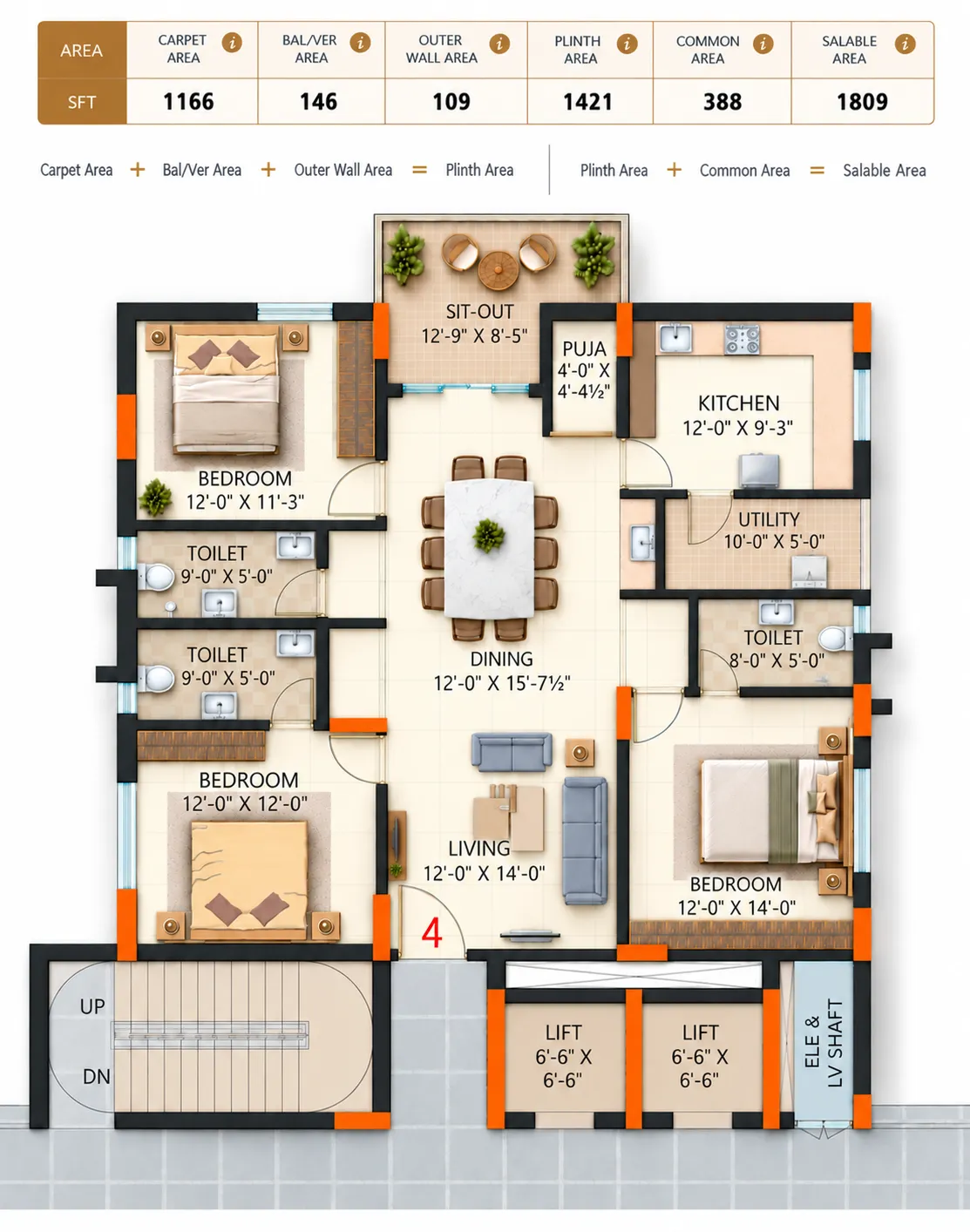 Super Homes Abhirama floor plan 2: West facing, 1,809 sft salable area