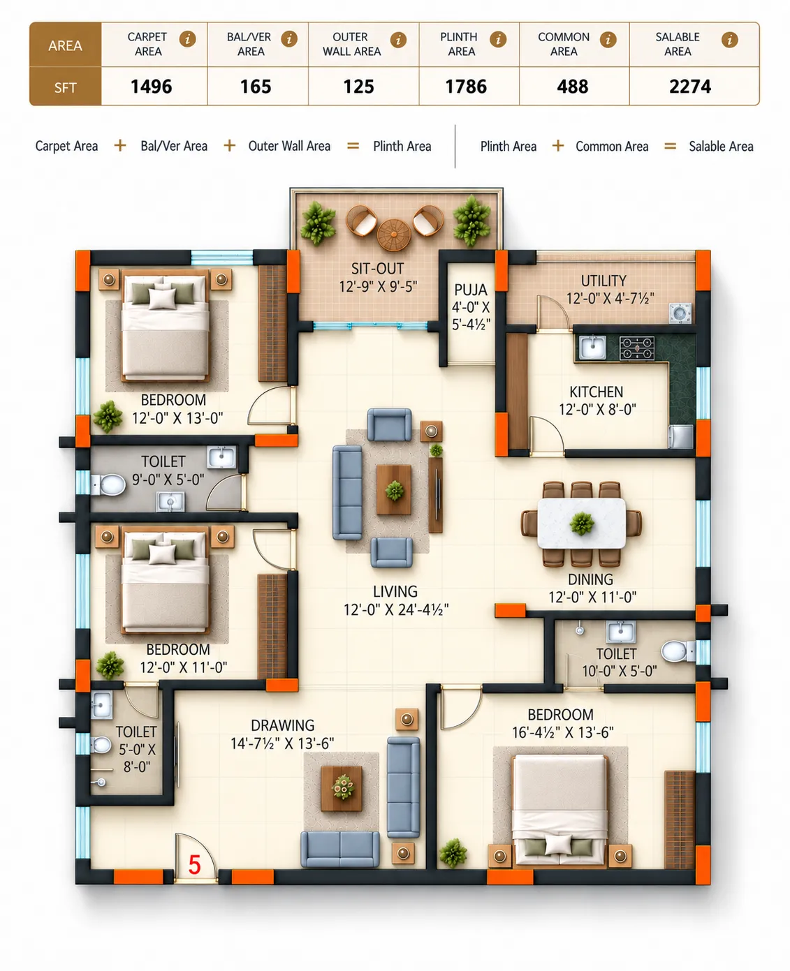 Super Homes Abhirama floor plan 3: West facing, 2,274 sft salable area