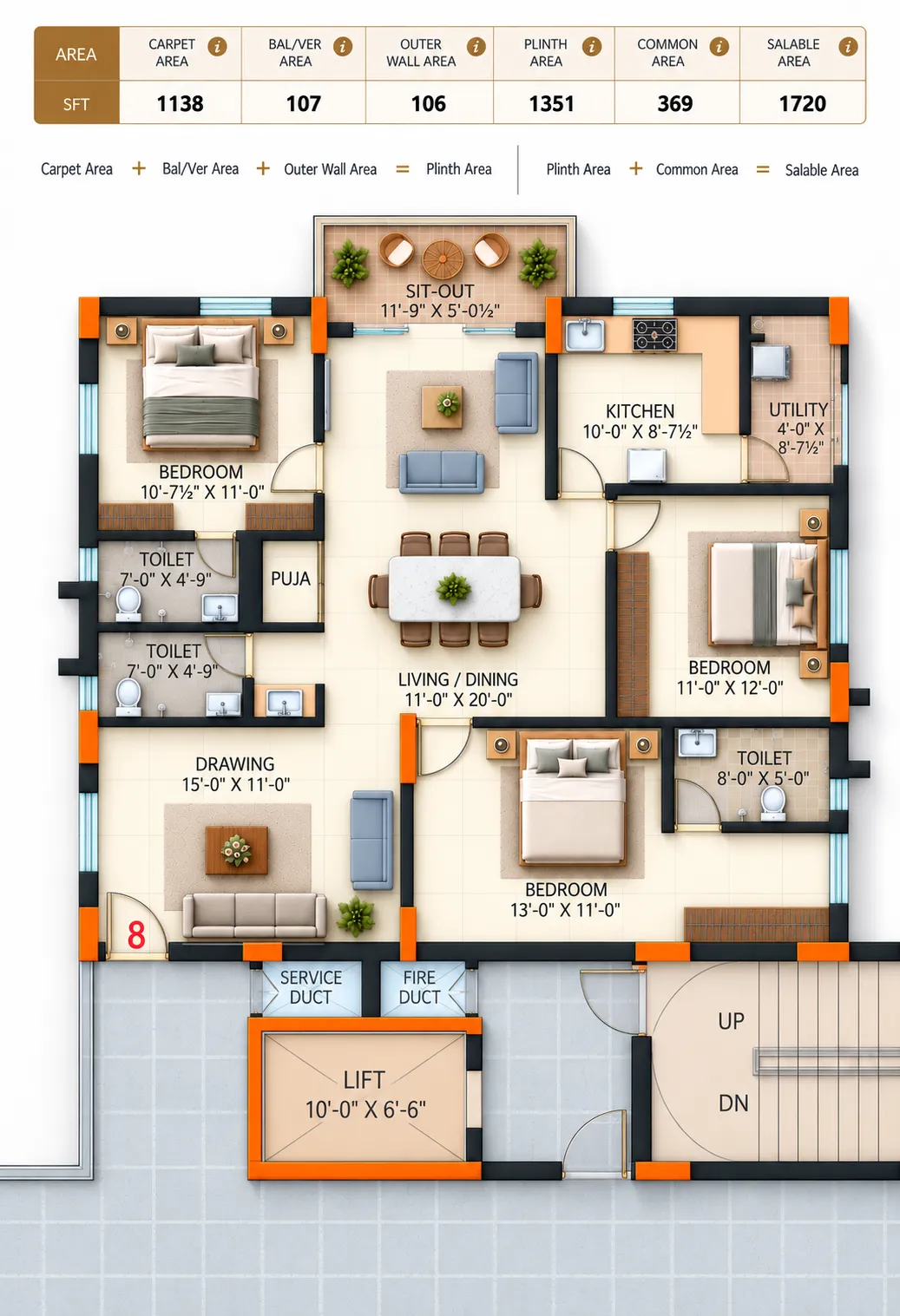 Super Homes Abhirama floor plan 4: West facing, 1,720 sft salable area