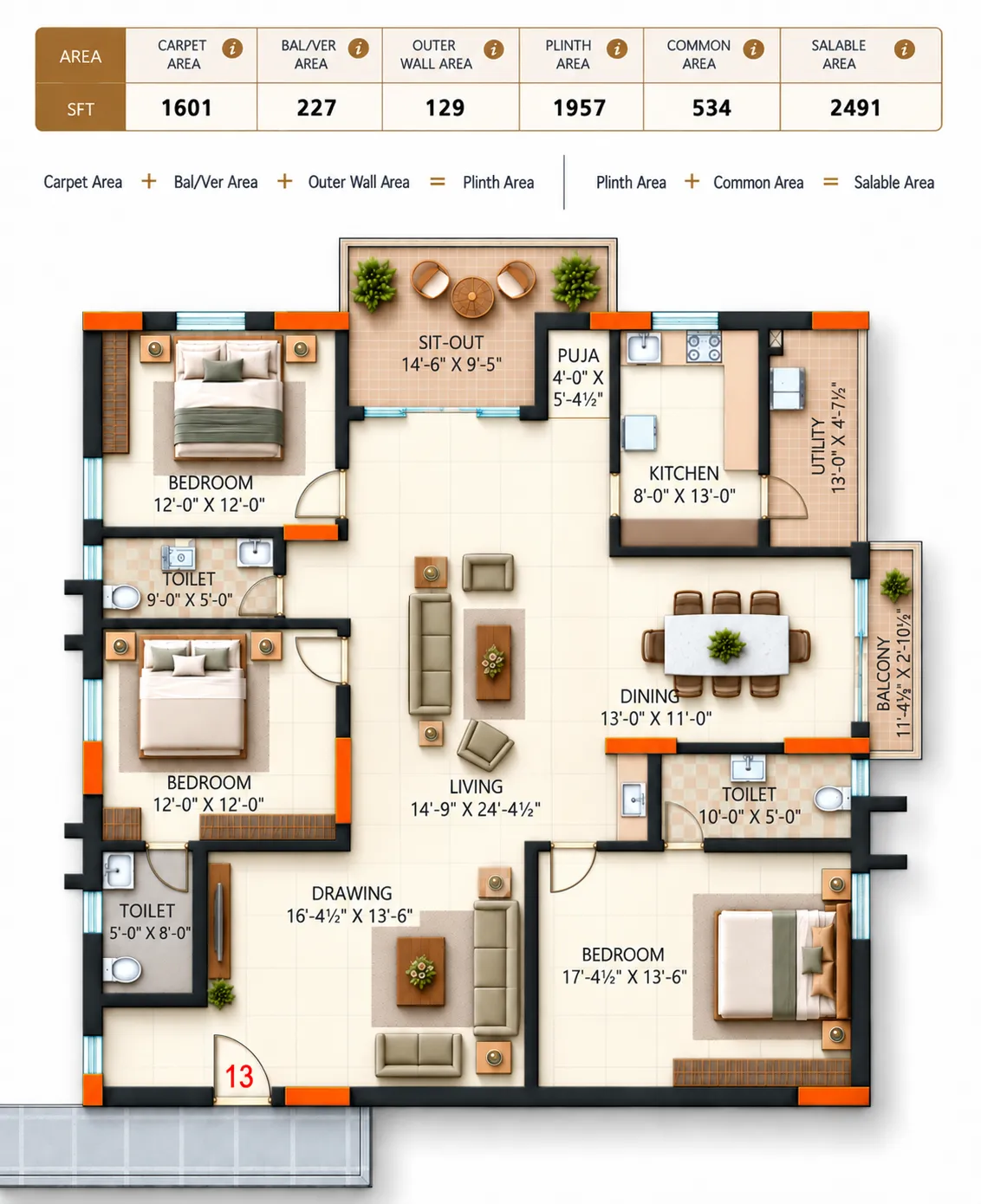 Super Homes Abhirama floor plan 6: West facing, 2,491 sft salable area