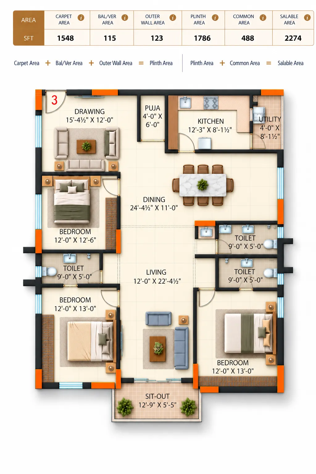 Super Homes Abhirama floor plan 8: East facing, 2,274 sft salable area
