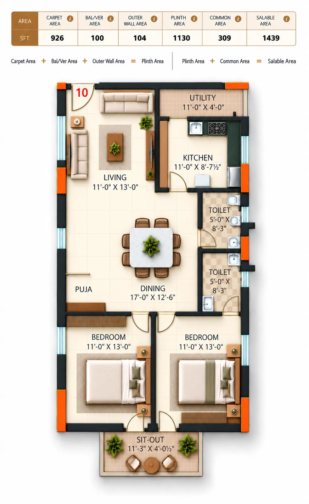 Super Homes Abhirama floor plan 9: East facing, 1,439 sft salable area