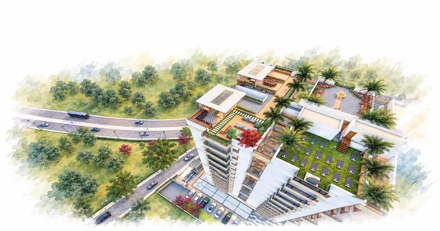 Aerial watercolor rendering of Super Homes Abhirama's tower and rooftop