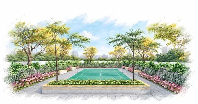 Watercolor rendering of the landscaped shuttle badminton court