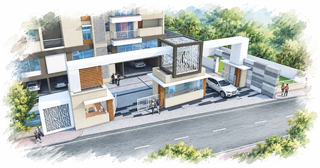 Watercolor rendering of Super Homes Abhirama's main entrance gate and driveway