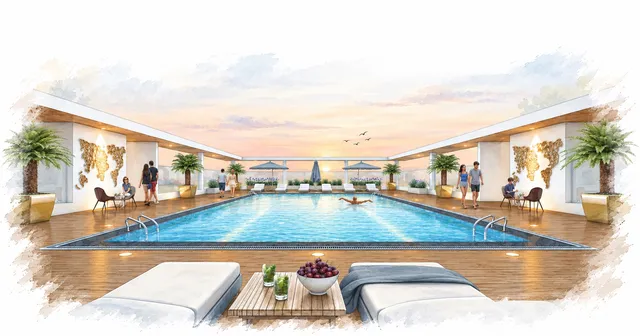 Watercolor rendering of the rooftop swimming pool deck at sunset