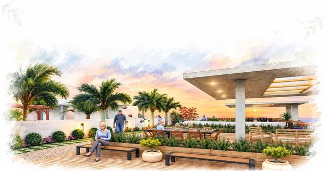 Watercolor rendering of the rooftop deck and dining area at sunset