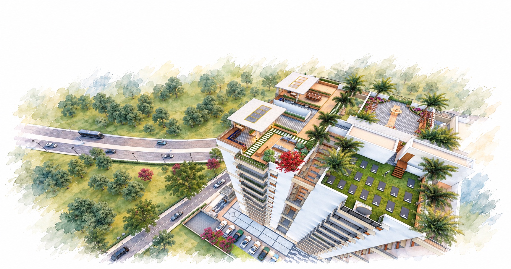 Aerial watercolor rendering of Super Homes Abhirama's rooftop and tower