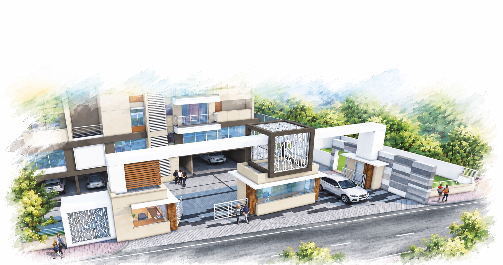 Watercolor rendering of the community's main entrance gate