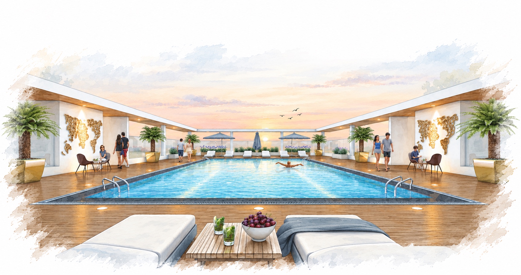 Watercolor rendering of the rooftop swimming pool at sunset