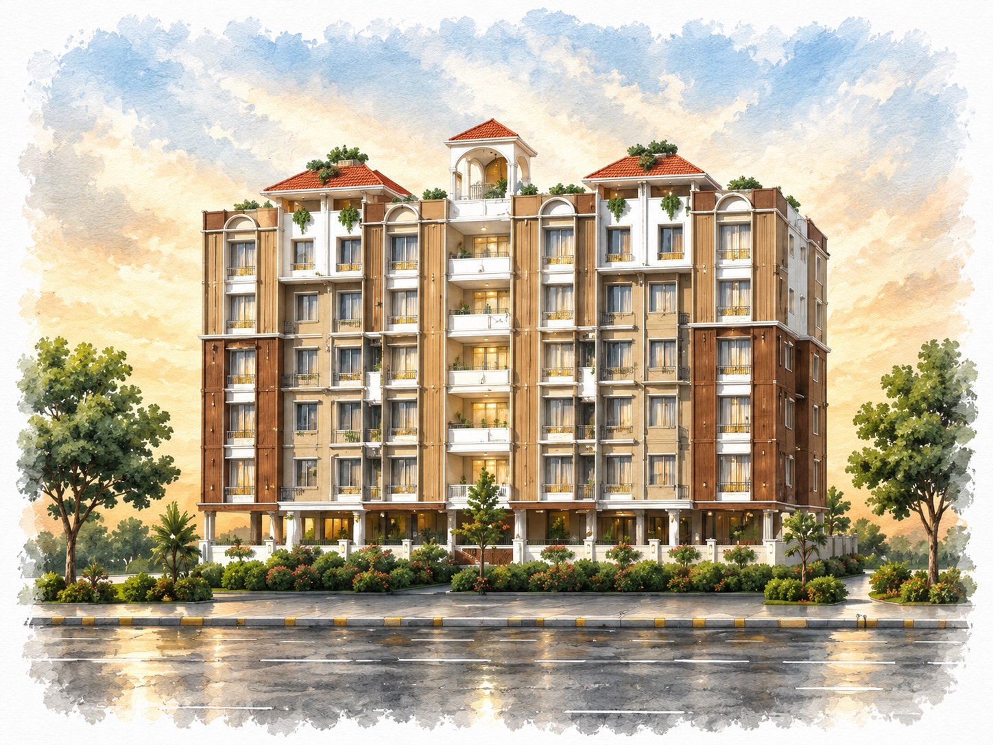 Illustrated rendering of Namitha Palace at sunset