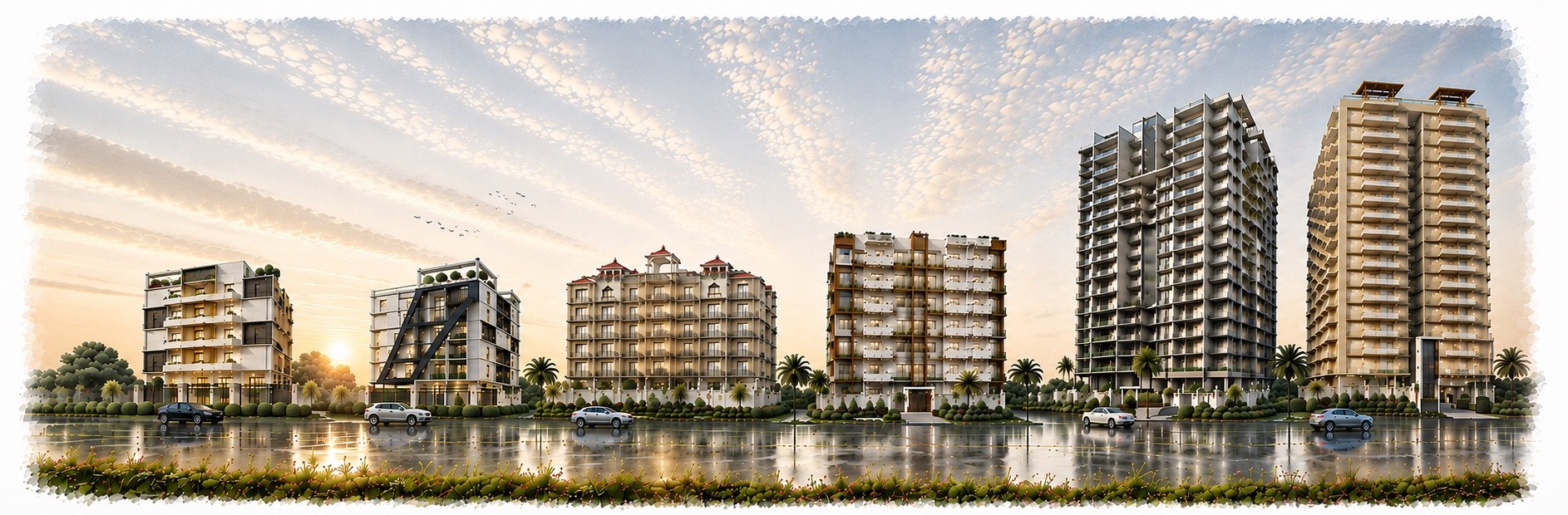 Six completed Super Homes residential buildings side by side at sunset